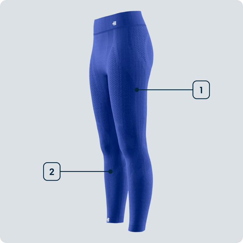 Deine Beine in Bestform – Kompression für Fokus und Flow Seitliche Ansicht einer blauen Kompressionstight für Damen mit markierten Funktionszonen an Oberschenkeln und Waden – technische Darstellung der muskelunterstützenden Struktur.