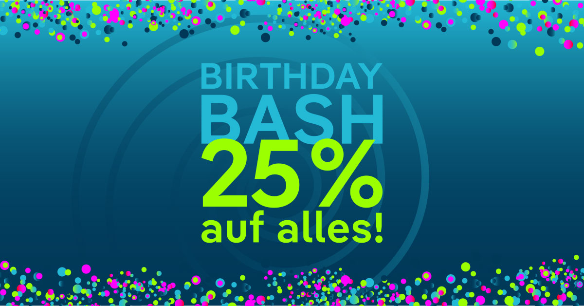 Grafik mit blauem Hintergrund mit einer Wirbelstruktur in der Mitte	 buntem Konfetti am oberen und unteren Rand und dem Text "Birthday Bash - 25% auf alles!" in grün darübergelegt