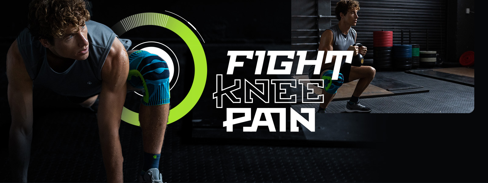 Fight Knee Pain Promo banner mit einem Mann, welcher Fitnessübungen macht bei denen er eine Kniebandage trägt