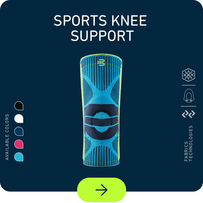 Sports Knee Support auf dunkelblauem Grund mit Farbicons links und Technologie-Icons rechts