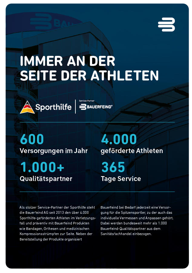 Zahlen sagen mehr als tausende Worte. Die Übersicht spricht für sich und für die Kooperation mit der Sporthilfe. Eine Übersicht der Kooperation von Bauerfeind Sports mit der Sporthilfe. Die wichtigsten Parameter werden dargestellt.