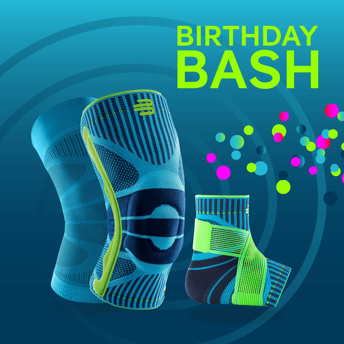 Grafik mit blauem Hintergrund mit einer Wirbelstruktur in der Mitte	 etwas buntem Konfetti auf der rechten Seite	 zwei Kniebandagen und einer Sprunggelenkbandage und dem Text "Birthday Bash" in grün darübergelegt