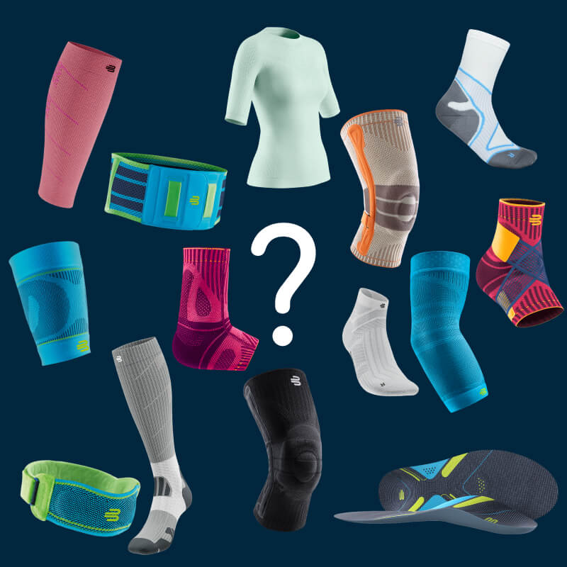 Eine Auswahl an Bauerfeind-Sportprodukten – Bandagen, Sleeves, Socken und Orthesen – kreisförmig um ein großes Fragezeichen auf dunklem Hintergrund. Die Produkte sind farbenfroh und symbolisieren individuelle Lösungen für jeden Sport.