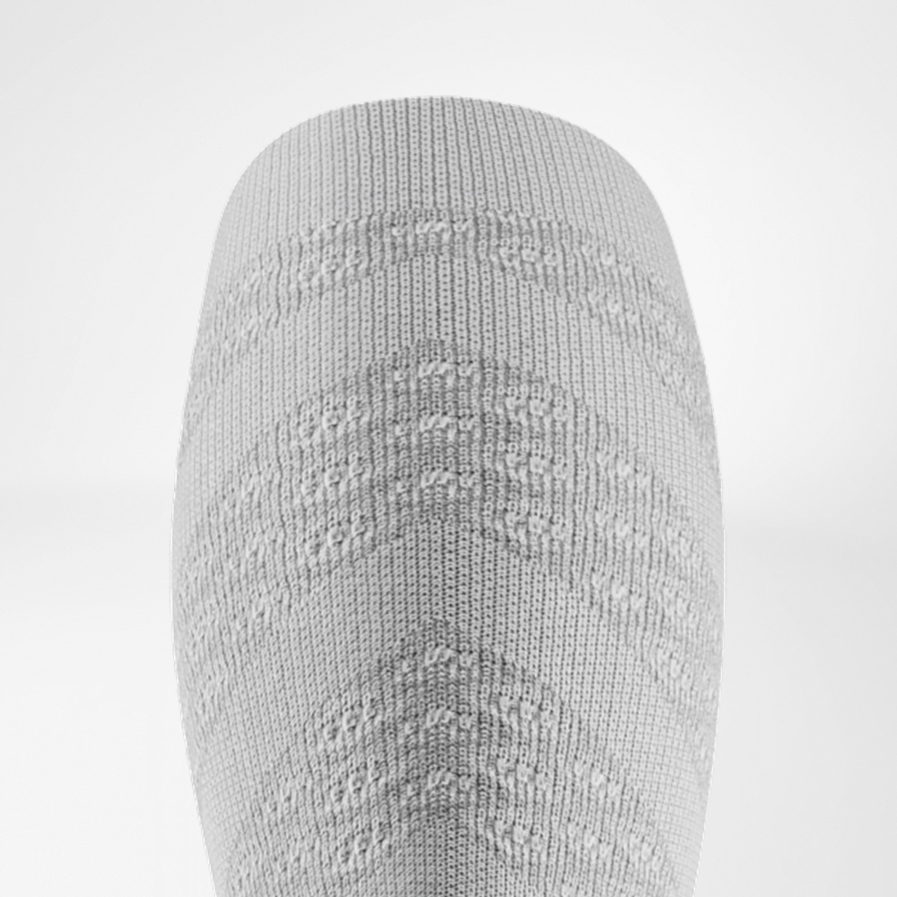 Nahaufnahme der 3D-Dots-Struktur an der Rückseite der weißen Run Performance Socks zur gezielten Druckverteilung.