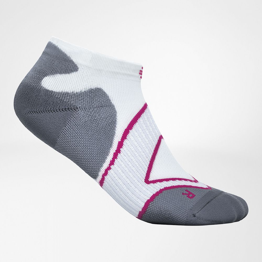 Seitliche Komplettansicht der weiß-pinken kurzen Laufsocken