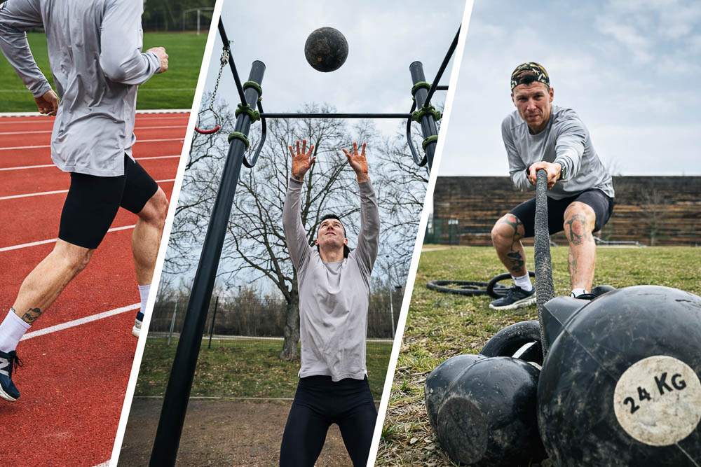 Collage aus drei Szenen: Athlet läuft auf der Bahn, steht unter einer Outdoor-Anlage mit Ball in der Luft und zieht Kettlebells über eine Wiese.