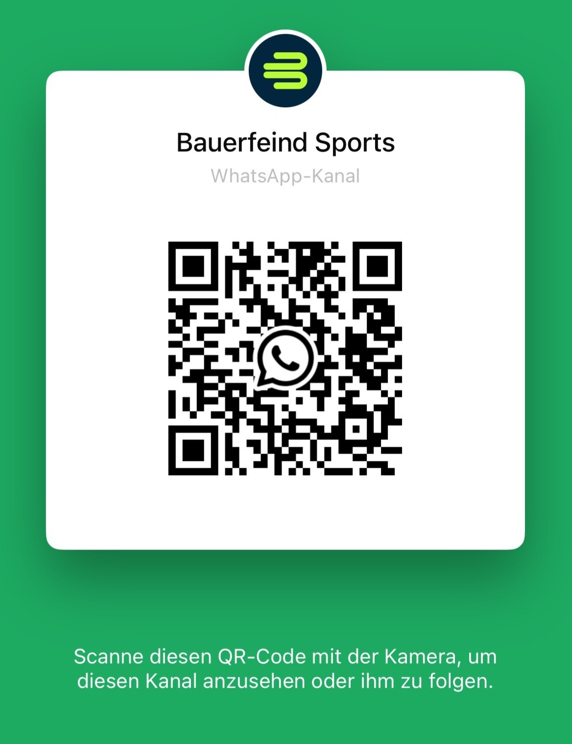 Grafik mit QR-Code zum Bauerfeind Sports WhatsApp-Kanal auf grünem Hintergrund. Der QR-Code ermöglicht den direkten Zugriff auf den Kanal per Smartphone-Kamera.