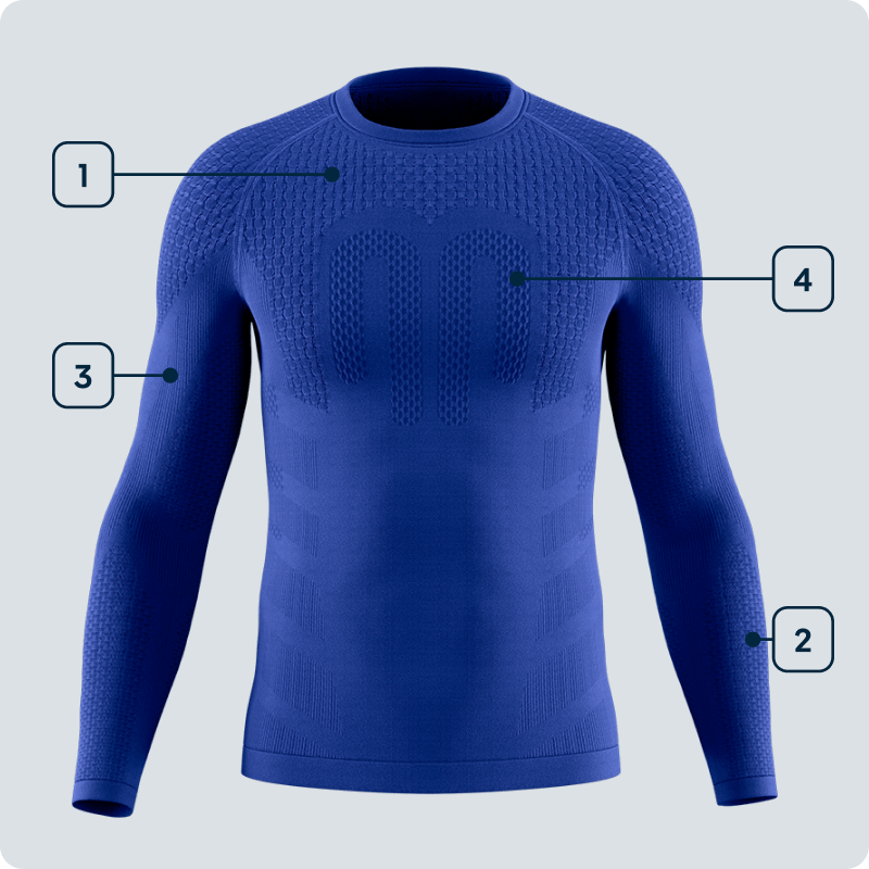 echnik trifft Power – Das Kompressionsshirt für maximale Muskelkontrolle orderansicht eines blauen, langärmligen Kompressionsshirts für Herren mit markierten Funktionszonen für Schulter, Arm, Unterarm und Brust – Darstellung der technischen Struktur des Shirts.