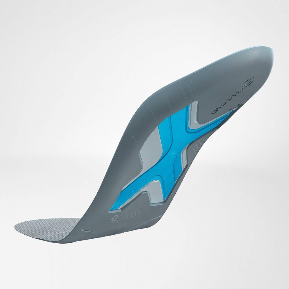 Hintere Ansicht der Einlegesohle für Laufschuhe mit blauem Weightflex Kern