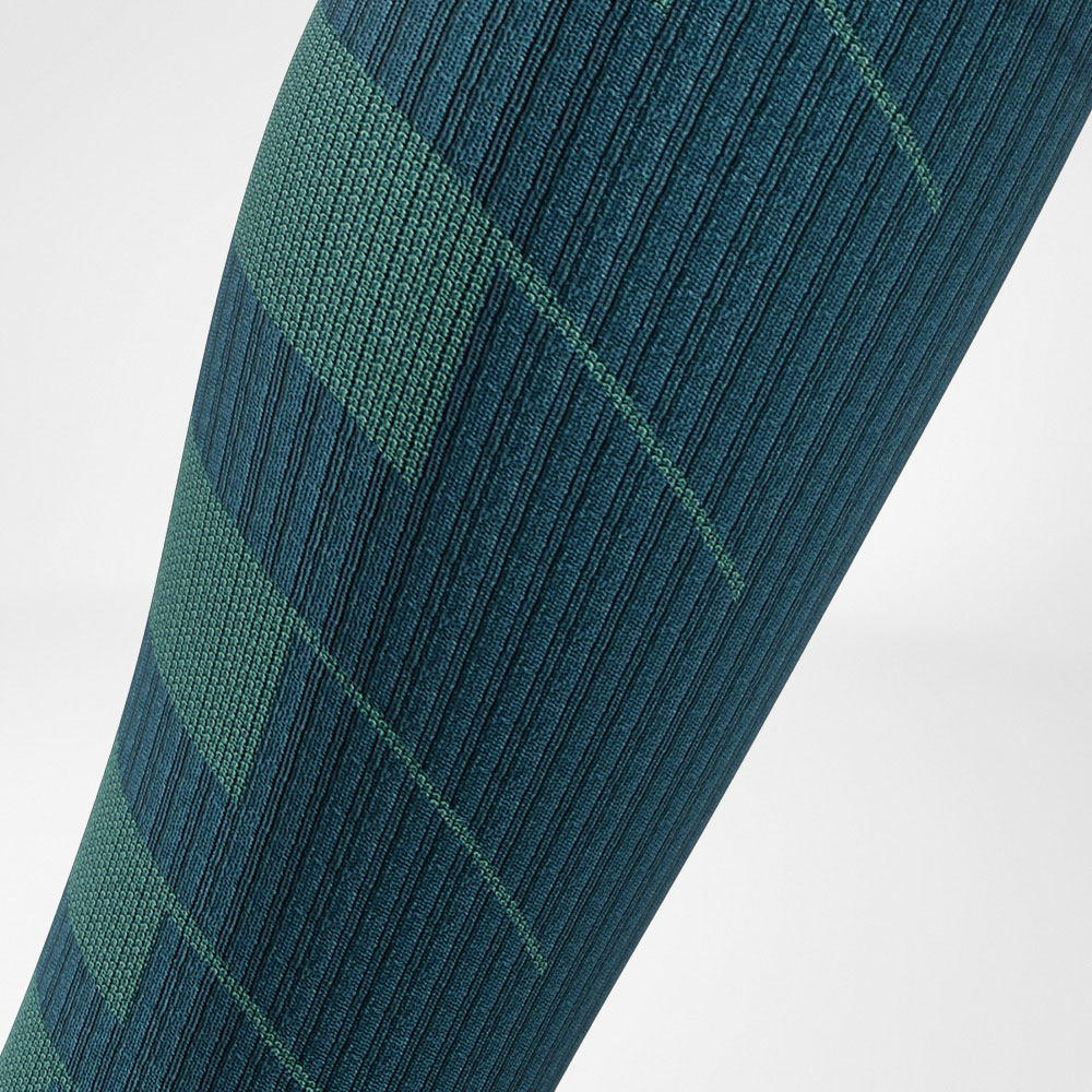Trailrun-Laufsocken blau-grün Detail Compression Zones Detailansicht des Wadenbereiches der blau-grünen Trailrun - Laufsocken