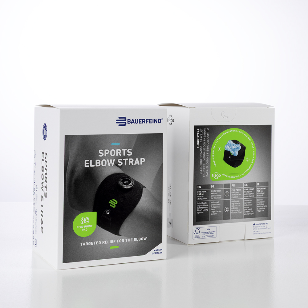 Verpackungsbild der Sport Elbow Strap mit schwarzem Produktbild