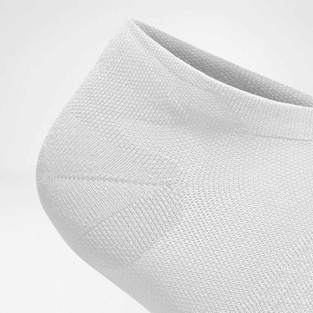 Kurze Sportsocken ultraleicht weiß Detail Gestrick Detailansicht des Fersenschutzbereiches der kurzen weißen leichten Laufsocke