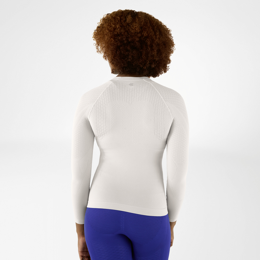 Rückansicht eines athrazit farbenem, eng anliegenden Langarmshirts mit strukturiertem Design