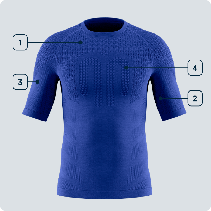 Kompression in Bewegung – Dein Kurzarmshirt für intensive Workouts Vorderansicht eines blauen, kurzärmligen Kompressionsshirts für Herren mit hervorgehobenen Funktionszonen an Schultern, Oberarmen, Brust und Flanken – technische Darstellung.