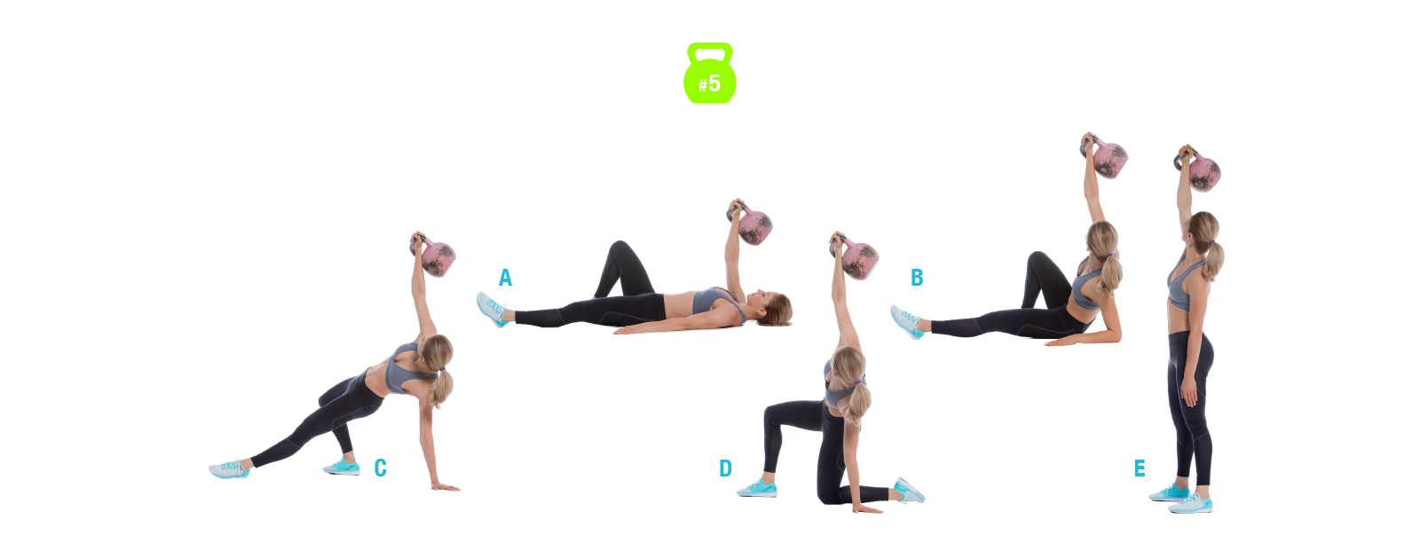 Turkish Get Up mit der Kettlebell in 5 Schritten Frau zeigt den Turkish Get Up mit der Kettlebell in 5 Schritten