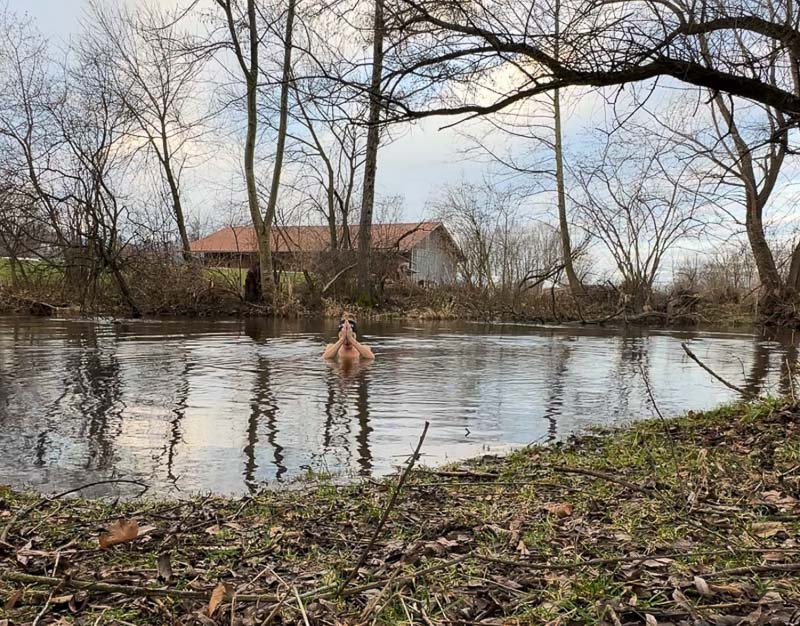 Anna Hahner beim Meditieren im Fluss Anna Hahner betet mit gefalteten Händen im Fluss, umgeben von kahlen Bäumen.