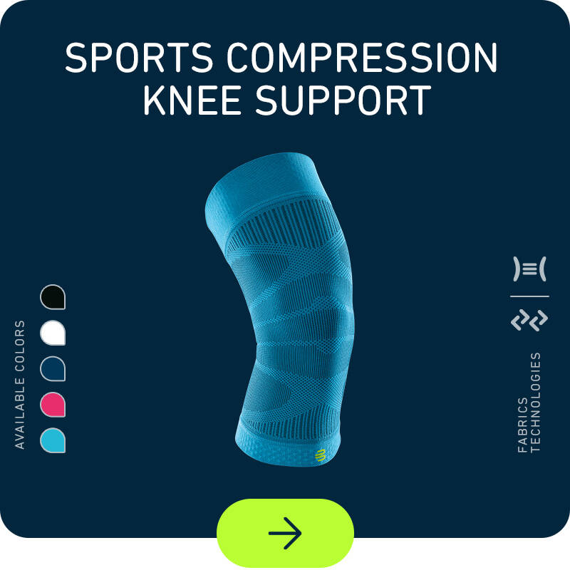 Sports Compression Knee Support auf dunkelblauem Grund mit Farbicons links und Technologie-Icons rechts