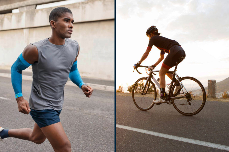 Zweigeteiltes Bild: Links ein Läufer mit Arm Sleeves, rechts eine Rennradfahrerin in der Abenddämmerung