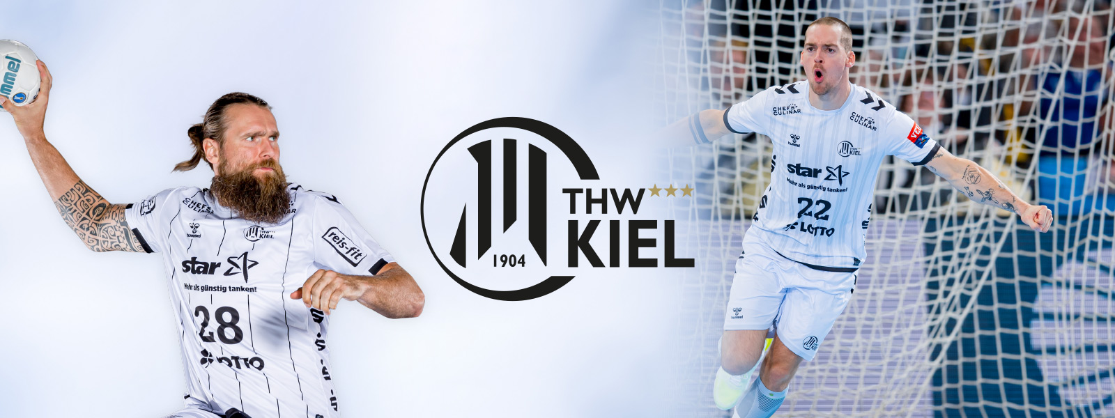 Zweigeteiltes Bild von THW Kiel Handballer mit Bart beim Wurf links und anderem Spieler beim Jubel auf dem Feld rechts	 dazwischen das Logo des Vereins