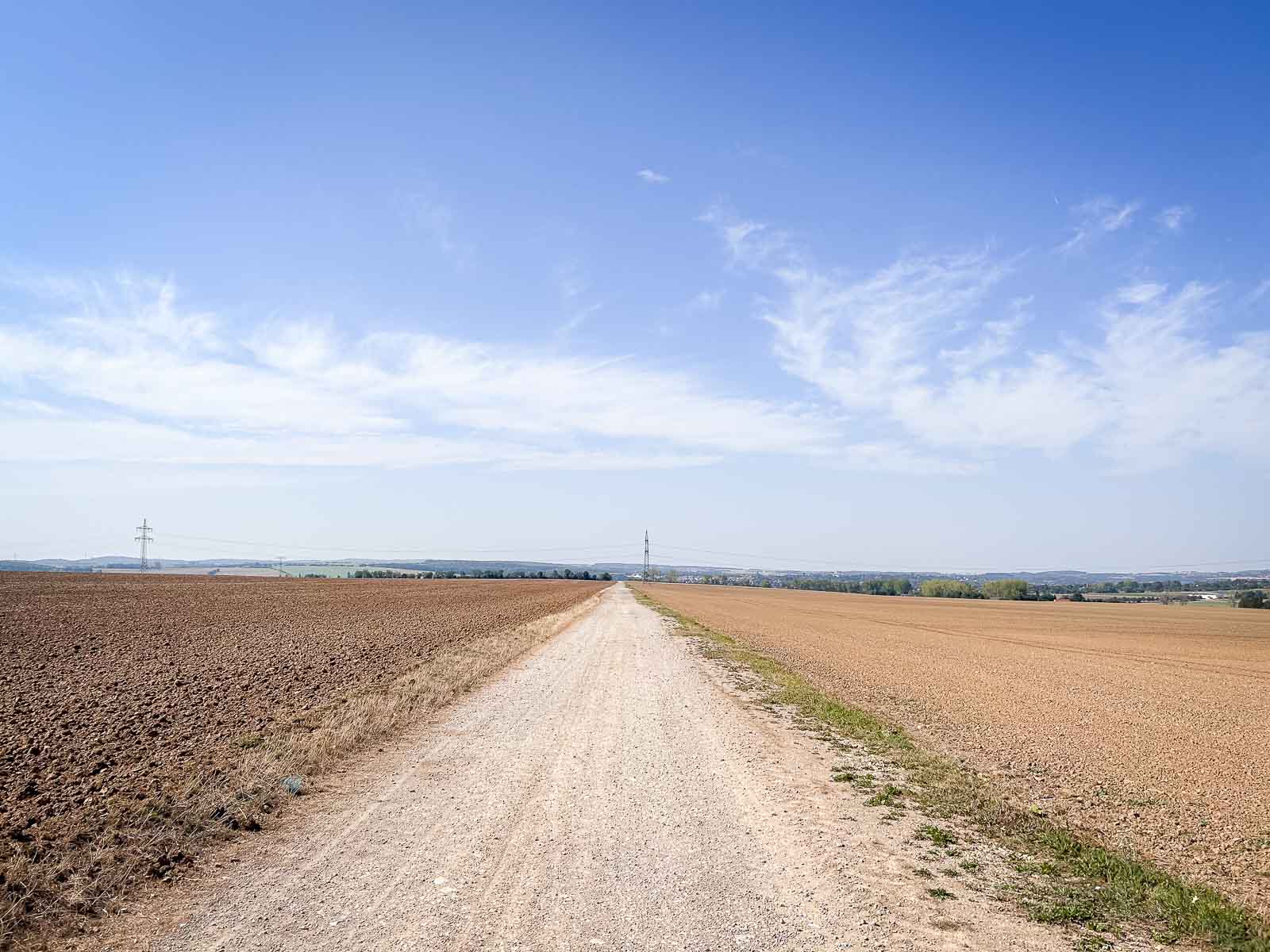 Ein langer, gerader Schotterweg, der durch eine weitläufige Landschaft führt, mit klarem Himmel und Feldern zu beiden Seiten. Ideale Laufstrecke für Ausdauerläufe.