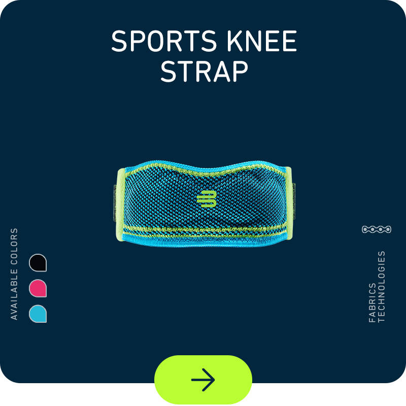 Sports Knee Strap auf dunkelblauem Grund mit Farbicons links und Technologie-Icons rechts