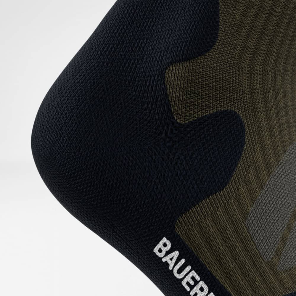 Merino-Wandersocken dunkelgrün Detail Heel Protection Detailansicht der Ferse der Merino-Wandersocken in dunkelgrün