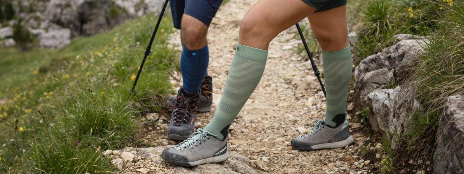 Ausschnitt von vier Beinen mit angezogenen Merino Wandersocken auf einem Wanderweg