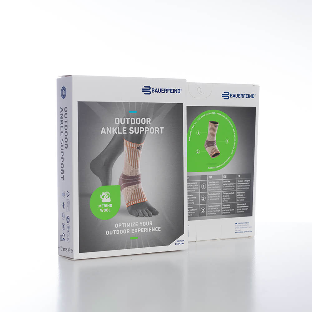 Verpackung der Wander Knöchelbandage mit Merinowolle für verbesserte Stabilität und Komfort beim Wandern und Sport